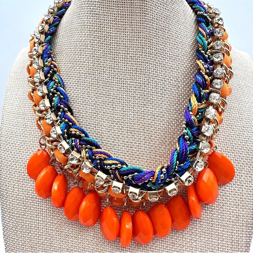 Vintage Gold Tone Chunky Bib Necklace Orange Blue Woven Cord Rhinestone Boho Y2K